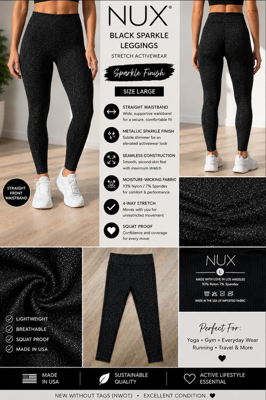 NUX Black Sparkle Seamless Ruched Back Leggings Size L NWOT